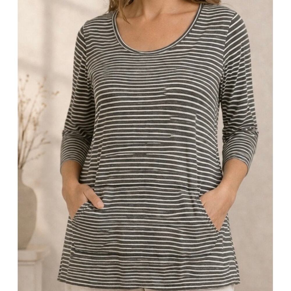 Toad Co Ursula Tunic Gray Stripe 3/4 Sleeve Cotton Stretch Kangaroo Pocket Large